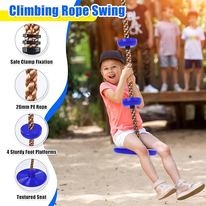 Hungdao 2 Set Gym Ring Trapeze Swing Bar and Climbing Rope with Platforms Disc Heavy Duty Coated Chains Seat Accessories for Outdoor Indoor Playground Backyard(Blue)
