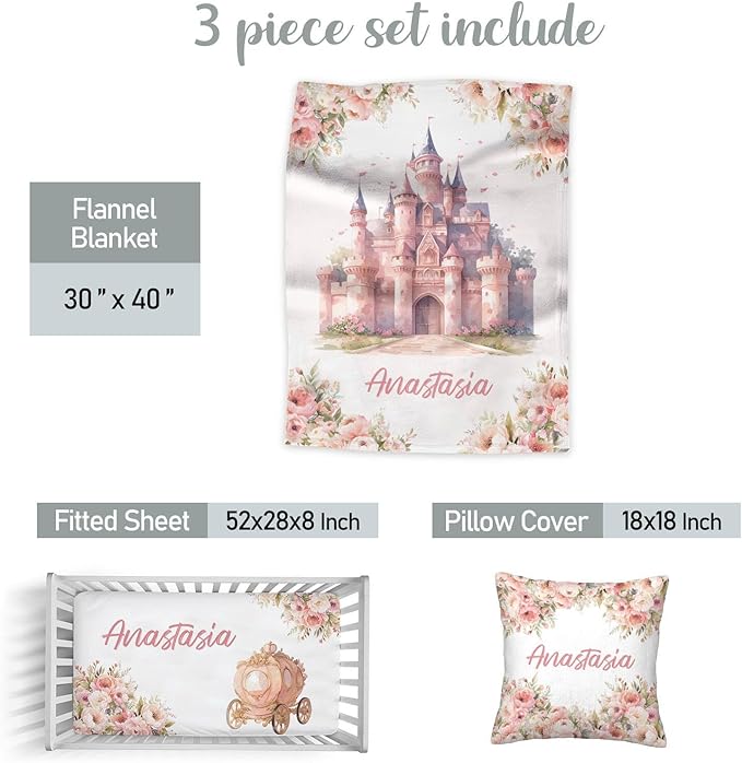 Personalized Baby Girl Crib Bedding Set – Custom Name Princess Castle 3-Piece Nursery Set with Soft Flannel Blanket, Fitted Sheet & Pillowcase – Infant & Toddler Bedding Gift