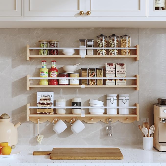 Nursery Bookshelves Wall Mounted，34inch，Set of 3, Floating Shelf Kids Coat Rack with 6Hooks,Hanging Shelf for Baby Nursery Room Décor, Patent Number: 29924445,Burlywood