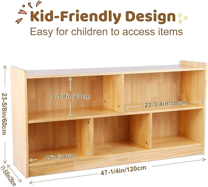 Montessori Shelf, 47-1/4" L Toy Shelf, Toy Storage Organizer with 2-Layer Bookshelf, 5-Section Wooden Storage Cabinet, Bookshelf for Kids Rooms, Playroom, School, Nursery
