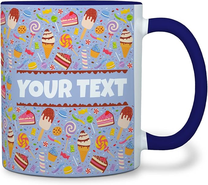 Personalized Mug for Kids - Sweets - Custom Name/Text, Ceramic Hot Chocolate/Cocoa/Coffee Cup for Boys/Girls, Birthday/Christmas/Holiday Gift - 11 oz, Navy Blue Handle