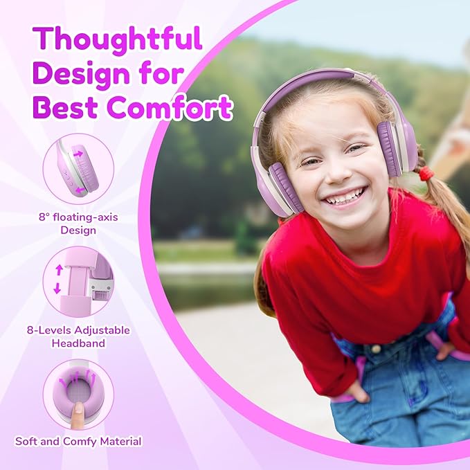 EarFun K2 Kids Bluetooth Headphones, Kids Headphones with Volume Limited, 40H Playtime, Built-in Mic, Stereo Sound, Foldable Over-Ear Headphone for School/Travel/iPad/Tablet, Violet