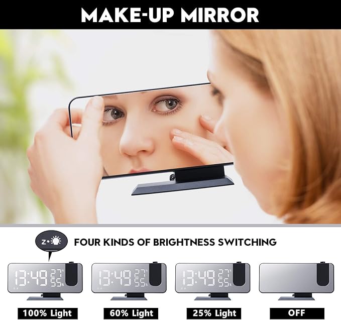 Projection Alarm Clock for Bedrooms Ceiling, Digital Clock Radio with USB Charger Port, Temperature & Humidity Display, 7.3” Large LED Display,12/24H,Snooze,Dual Loud Clock- 4 Dimmer