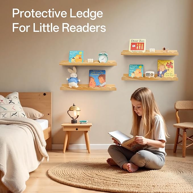 Nursery Book Shelves, Scalloped Floating Shelves Set of 2 Solid Pine Wood Wall Mounted Bookshelf with Wave Lip for Bedroom Kids, Toddler Room, Baby Room Natural 36inch