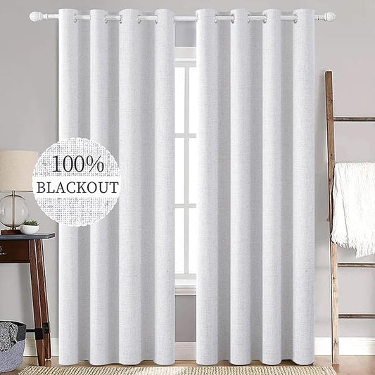 MIULEE White Blackout Curtains Linen Textured for Bedroom Nursery Thermal Insulated Room Darkening Grommet Curtains/Drapes for Living Room Decoration 52x84 Inch Grayish White 2 Panels