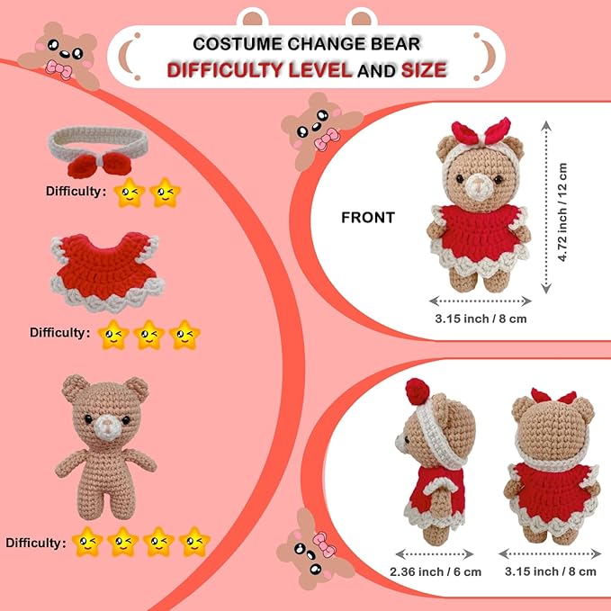 LoopMap Crochet Kit for Beginners - DIY Amigurumi Bear with Removable Dress & Accessories - Step-by-Step Video Tutorials, Extra Yarn, Crochet Tools, Handmade Gift for Kids & Adults (Bear K01, red)