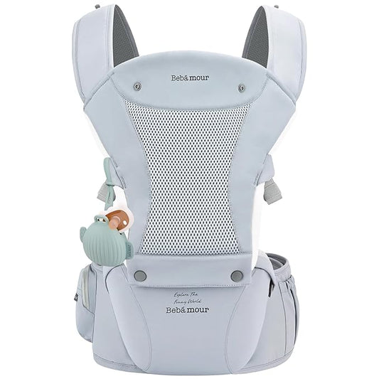 Bebamour Baby Carrier with Hip Seat,All-Position Breathable Mesh Hip Seat & Carrier 0-36Months with Head Hood, 3 PCS Teething Pads, Waist Extender,Storage Bag & Pacifier Case (Blue)
