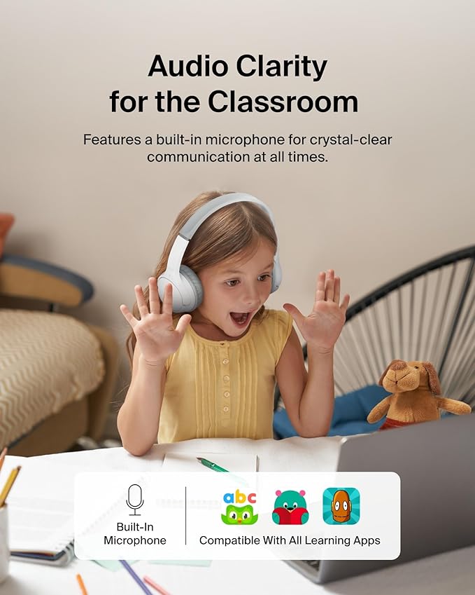 Belkin SoundForm Mini Kids Wireless Headphones w/Built-in Microphone, 30H of Playback Time, Fun Stickers, & Case - Over-Ear Headsets for Online Learning, School, iPhone, iPad, Galaxy, & More - White