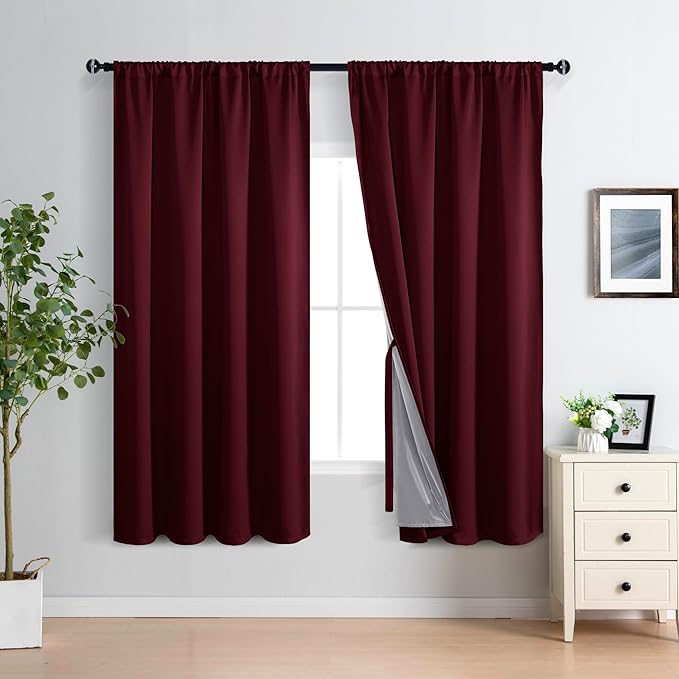 XWZO 100% Blackout Curtains with Tiebacks- Rod Pocket Heat and Full Light Blocking Window Panels & Thermal Insulated Draperies for Living Room Wide Window, Burgundy, W60 x L63, Set of 2