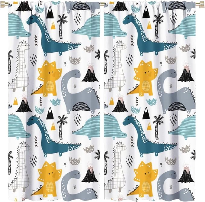 Kids Dinosaur Curtains for Boy Girl Bedroom Decor Cartoon Dino Colorful Cute Funny Wildlife Animal Printed Blackout Rod Pocket Window Drapes for Baby Nursery Playroom Living Room W31.5xL63in 2 Panels