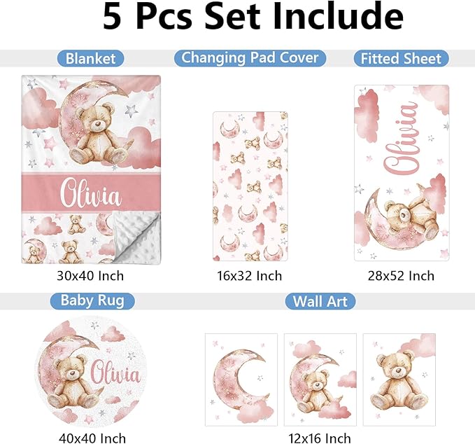 Custom Baby Crib Set, 5 Pcs Personalized Name Pink Bear Theme for Infants Toddlers, Nursery Bedding for Girls, Double Layer Customized Gifts