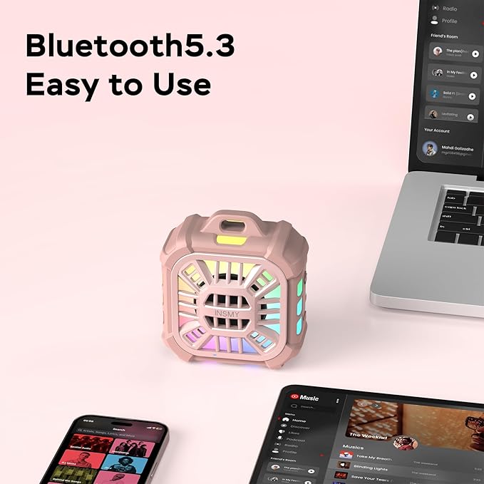 INSMY IP67 Waterproof Bluetooth Speaker, Shower Speaker Portable Small Clip-on, Multi Sync 100+ Speakers, Big Volume Booming Bass, 24H Playtime/Floatable/RGB Lights for Outdoor/Kayak/Beach(Pink)