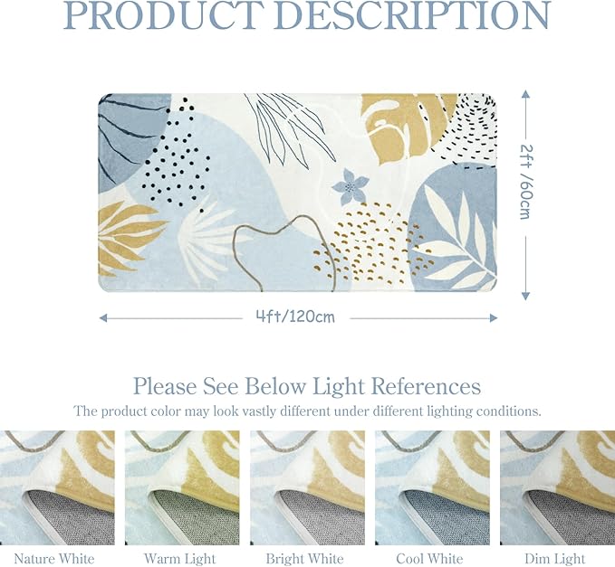 Lahome Boho Rug Runner - 2x4 Area Rug Non-Slip Washable Soft Bathroom Runner Rug Small Throw Long Bath Rug Blue Kitchen Runner, Botanical Print Foor Mats Runner Rug for Bedroom Hallway Laundry Room