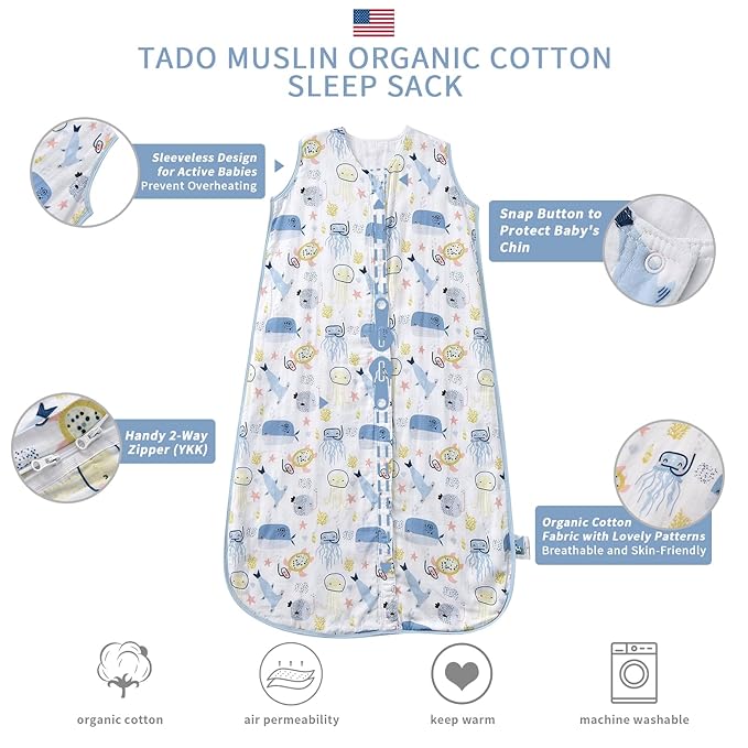 Baby Sleep Sack 1-2 T Baby Wearable Blanket 100% Organic Cotton 0.5 TOG Muslin Toddler Sleeping Sacks 2- Way Zipper Warm 12-24 Months