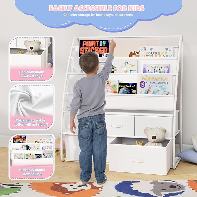 NACHES 3-Tier Kids Bookshelf with 5 Fabric Drawers, Metal Toy Storage Organizer for Kids Room, Living Room & Study Room, White (White)