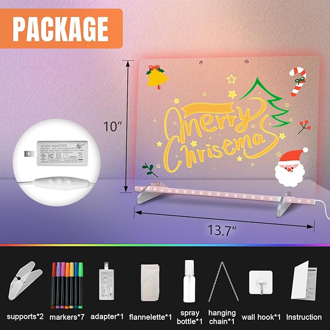 LED Note Board with Colors, 13.7"X10" 4 Modes &7 Colors Acrylic Dry Erase Boards with Light, Include Adapter, Hanging Chain, Led Drawing Board for Kids with Stand,7 Markers, Spray Bottle