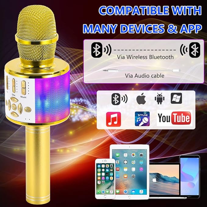 Amazmic Kids Karaoke Microphone Machine Toy Bluetooth Microphone Portable Wireless Karaoke Machine Handheld with LED Lights, Gift for Children Adults Birthday Party, Home KTV(Gold)