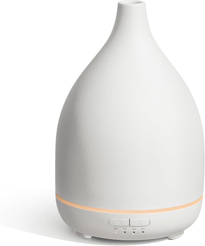 InnoGear Oil Diffuser, 300ML Ceramic Diffuser for Essential Oils Handcrafted Aromatherapy Diffuser Ultrasonic Cool Mist Humidifier with 4 Timers Waterless Auto Off for Room Office, White Base