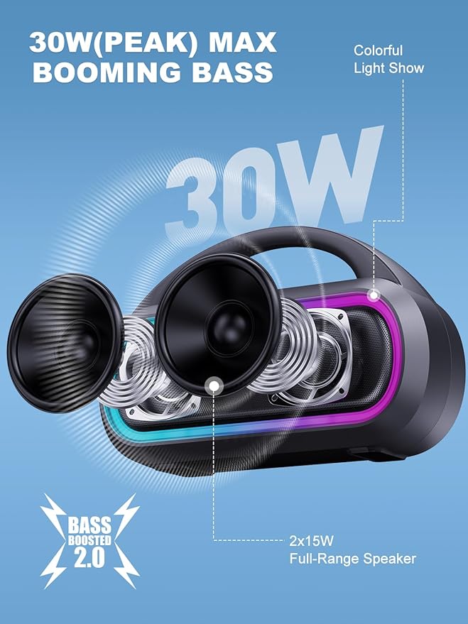 TPone Portable Bluetooth Speaker, 30W Peak, 12H Playtime, IPX5 Waterproof with Light, TWS Pairing, Wireless Speaker for Home/Party/Outdoor/Beach, Birthday Gift (Black)