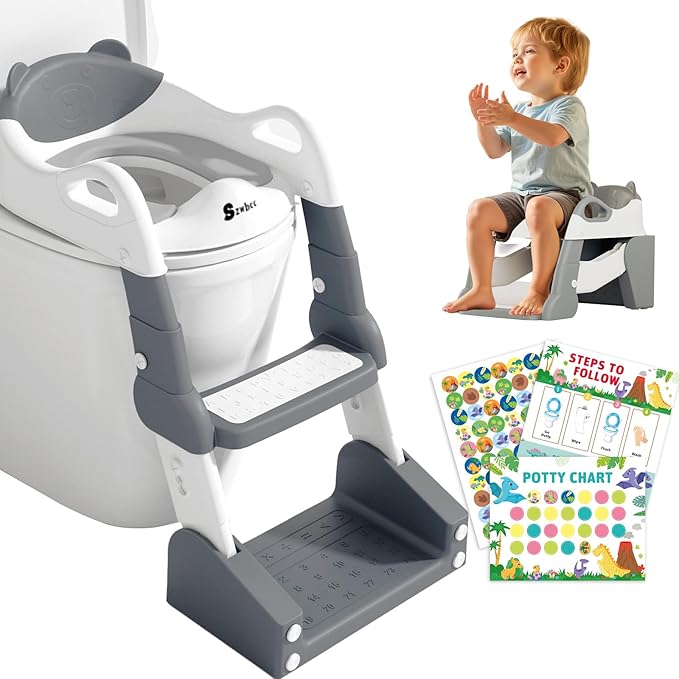 3-in-1 Potty Training Toilet, Toddler Toilet Seat with Step Stool, Foldable Potty Ladder with Potty Chart, PU Cushion, Splash Guard, Anti-Slip Steps & Urinal for Boys & Girls, Grey
