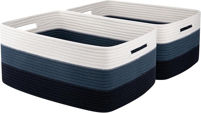Large Storage Basket for Organizing, Woven Rope Basket for Shelves, Closet Organizer Bins for Clothes, Blanket, Toys, Baby Nursery Storage, 17.7" x 13" x 7.87", 2 Packs Gradient Blue