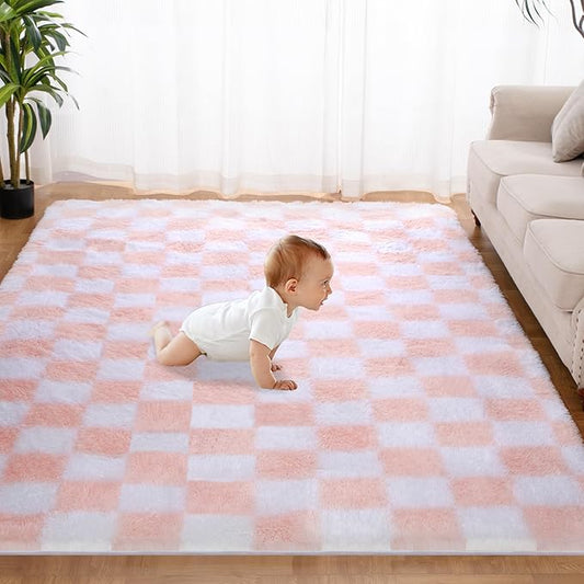 Super Soft Rug for Bedroom, 4x6 Ft Pink and White Area Rug Classic Checkered Shaggy Anti-Skid High Pile Soft Fluffy Rug Fuzzy Carpet for Living Room Bedroom Kids Room Nursery, Dorm Home Decor