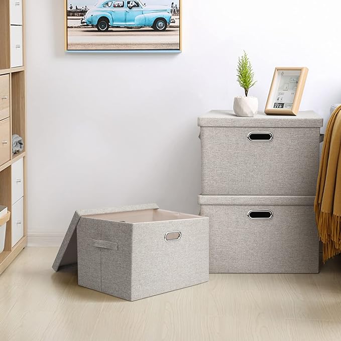 Large 17" 36 Quart Collapsible Stackable Storage Bins with Lids, 3 Packs Beige Linen Fabric Closet Boxes with Lids, Storage Cube Baskets Container Organizers for Bedroom Office(17 x12 x11)