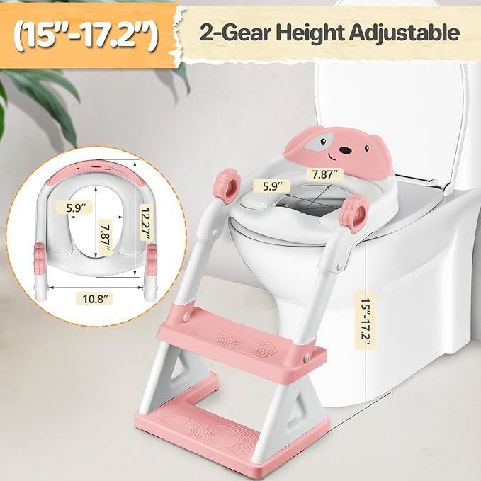 2 In 1 Potty Training Toilet Seat & Toddler Step Stool, Bottom Triangle Stability Toddler Toilet Seat, Adjustable Step & Seat Height Potty Seats (Pink)