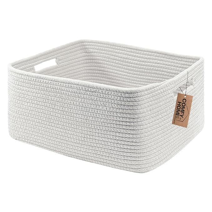 COMFY-HOMI Cotton Rope Woven Basket with Handles for Shelves,Toys,Book, Cloth Storage Baskets for Organizing-17" x 13" x 7.5" Toy Decorative Organizer for Living Room, Bathroom （All White）
