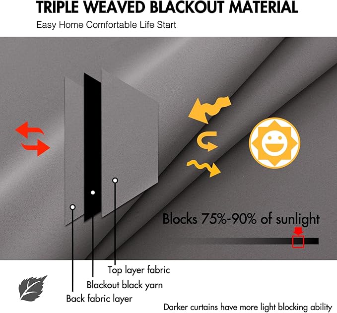 ANRODUO Back Tab Blackout Curtains for Bedroom Living Room, Rod Pocket Pinch Pleated Thermal Insulated Room Darkening Curtains 108 Inches Long 2 Panels, Grey, 52 x 108 Inch