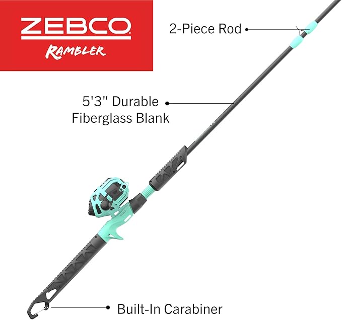 Zebco Rambler Fishing Reel and Rod Combo, Durable Fiberglass Rod with Built-in Carabiner, Patented No-Tangle Reel, Pre-Spooled with 8-Pound Zebco Fishing Line