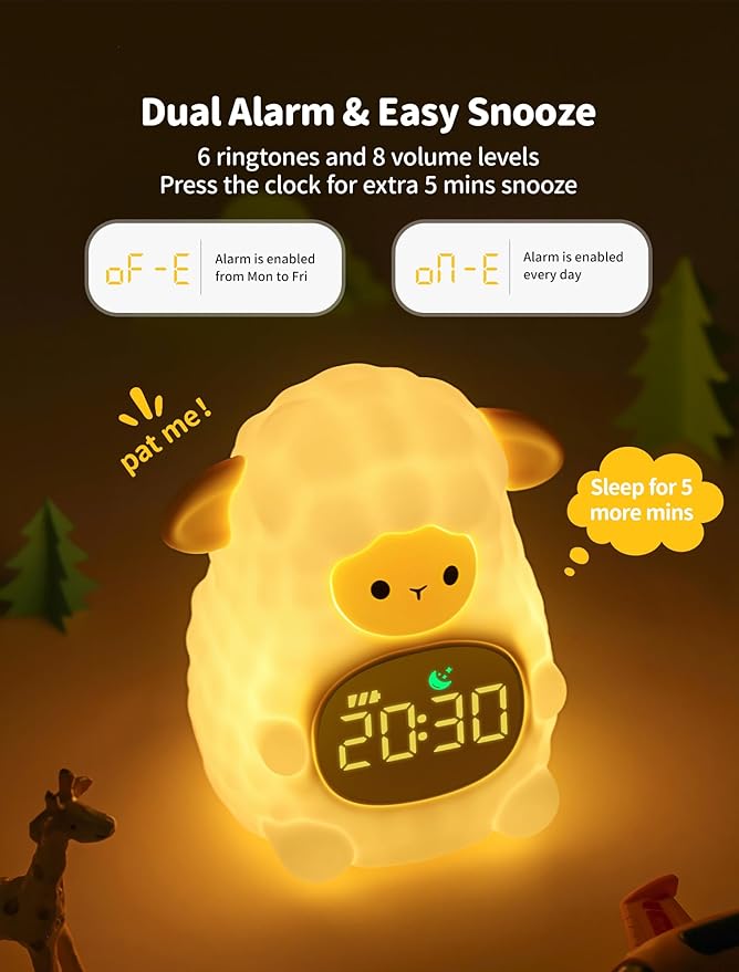 MASHI Sheep Alarm Clock, Toddler Sleep Training Clock with Sun & Moon, Sleep Sound Machine, Night Lights, Alarm Clock for Kids, Gift Ideas for Kids Child