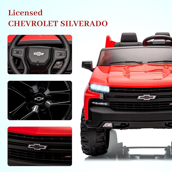 Hetoy 24V 2-Seater Truck Licensed Chevrolet Silverado Ride On Car Toy w/Parent Remote Control,4xSpring Suspension, 3 Speeds, Wireless Music, MP3 Player, Electric Vehicle Car for Kids, Red