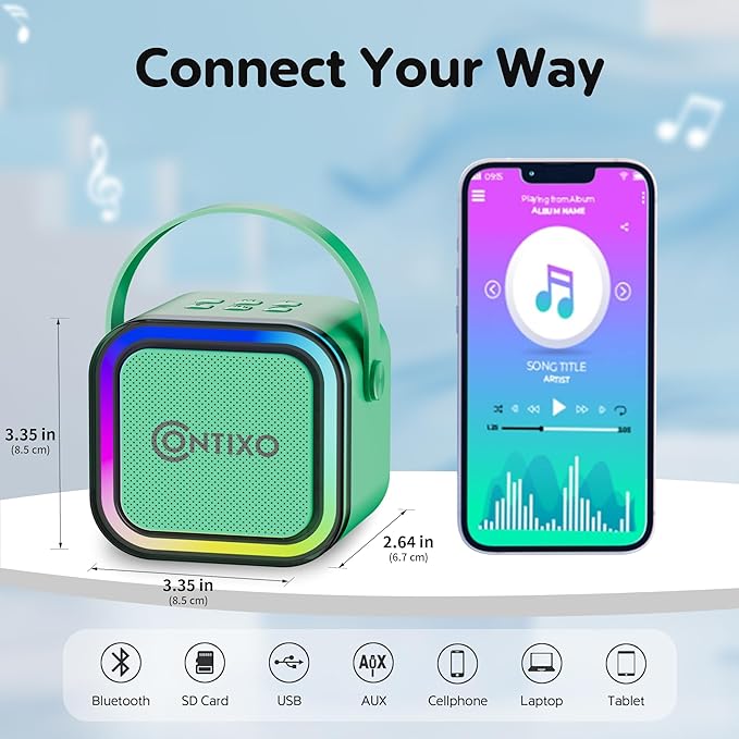 Contixo KS1A Kids Mini Karaoke Machine with LED Lights, 7–10H Playback, Dual Wireless Mics, Magic Voice Effects, Bluetooth Speaker for Children, Portable Singing Toy Gift for Boys & Girls, Green