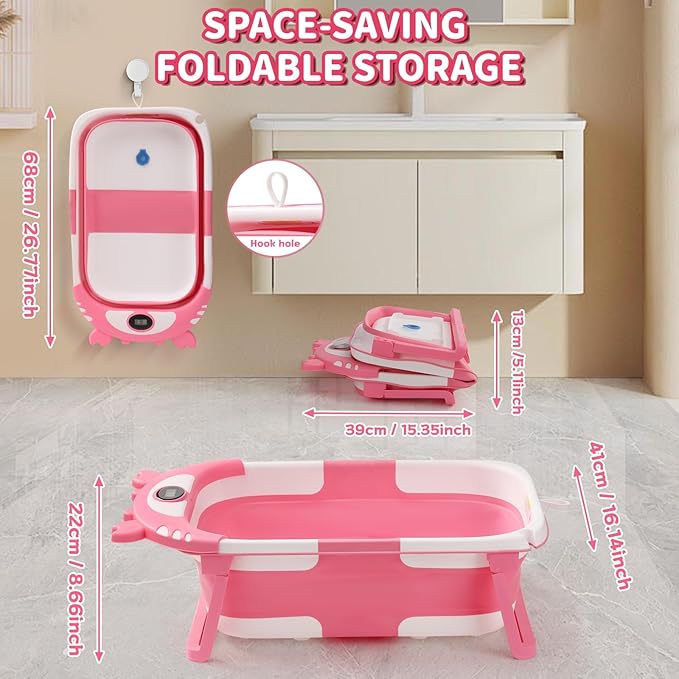 Baby Bathtub,Collapsible Baby Bath Tub with Thermometer & Soft Floating Cushion,Portable Travel Baby Bathtubs for Newborns to Toddlers 0-36 Months(Crab Green)