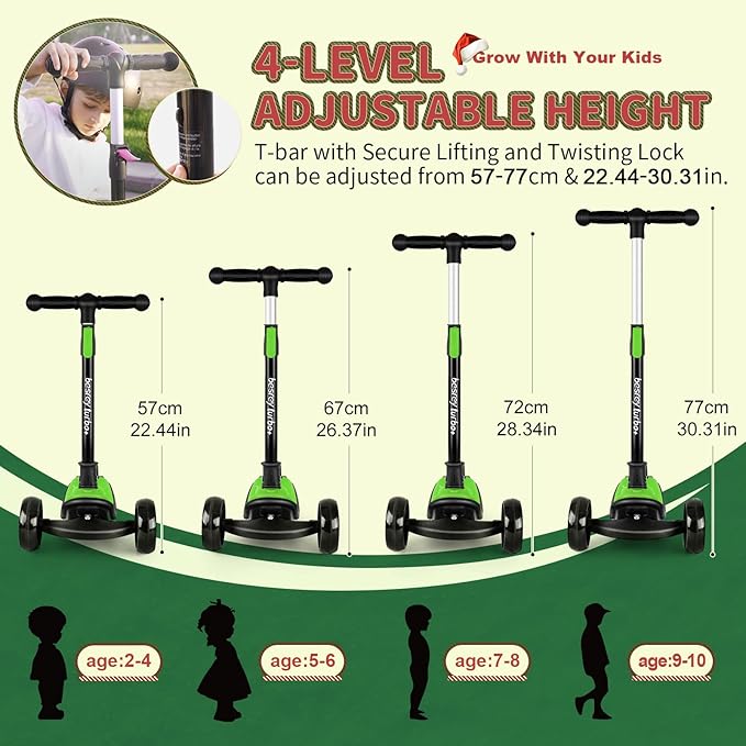 Besrey Kick Scooter for Kids Ages 3-10, 3-Wheel Folding Scooter with Adjustable Height, LED Light Wheels, Extra Wide Deck for Outdoor Activities