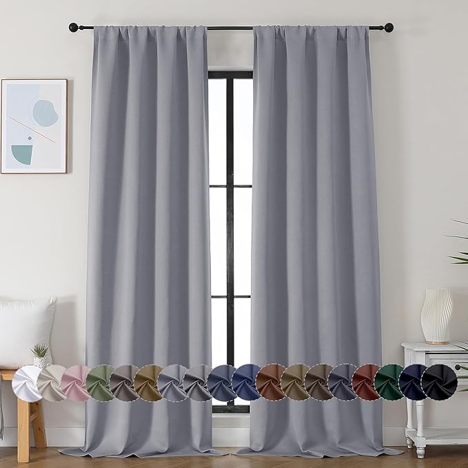Simplebrand Ava Silver Grey Blackout Curtains for Bedroom 96 Inches Long 2 Panels, Solid Thermal Insulated, Energy Saving Living Room Window Treatment Curtains Blackout Drapes, W40 x L96 Inch, Silver