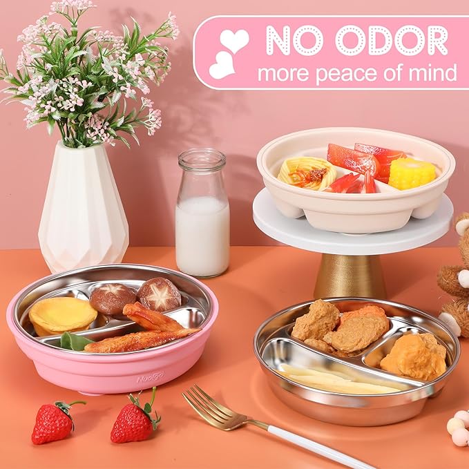 Nuogo 2 Pcs Stainless Steel Baby Suction Plates with Removable Silicone Shell 2-in-1 Metal Toddler Bowl Divided for Picky Eaters Kids Feeding Led Weaning Supplies, Dishwasher Safe (Beige,Pink)
