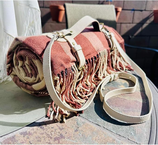 Picnic Blanket Extra Large Waterproof with Strap 59"x79" - Machine Washable Tassels Faux Wool Cashmere for Park, Grass, Camping, Hiking, Concerts (Latte with white shoulder strap, 59"X79")