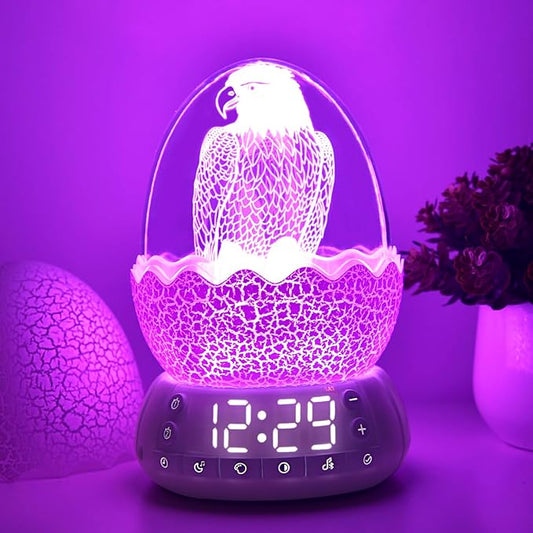 Kids Fun Alarm Clock with Night Light for Bedroom,16 Sleep Sounds Noise Machine& Bluetooth Speaker, 8-Color Dimmable Wake-Up Light with 10/30/60 Minutes Timer, Egg Decorative Light Gift for Boys Girls