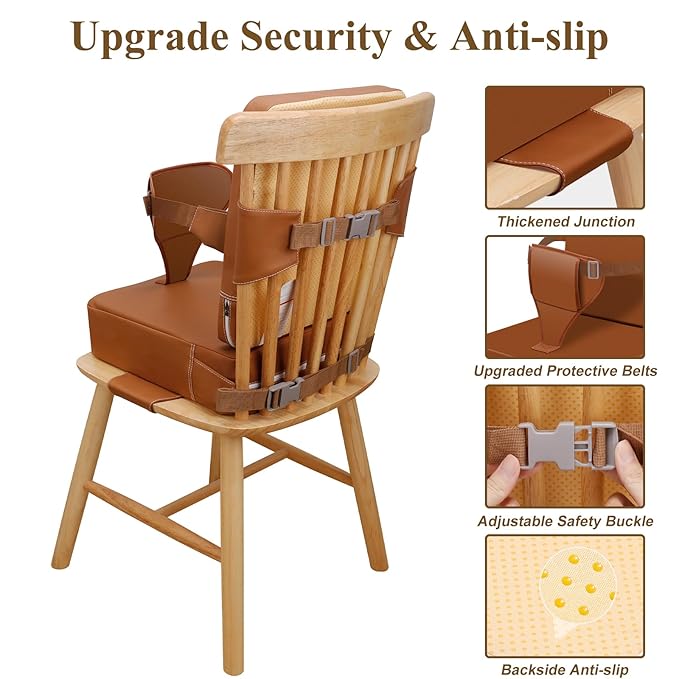 Toddler Booster Seat for Dining Table, Non-Slip Kitchen Chair Booster Seat with Backrest and Adjustable Straps, Portable PU Waterproof Travel Baby Booster Increasing Cushion