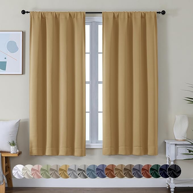 Simplebrand Ava Gold Blackout Curtains for Bedroom 63 Inch Length 2 Panels Set, Solid Thermal Insulated Energy Saving Rod Pocket Window Treatment Curtains Blackout Drapes, W40 x L63 Inch, Gold