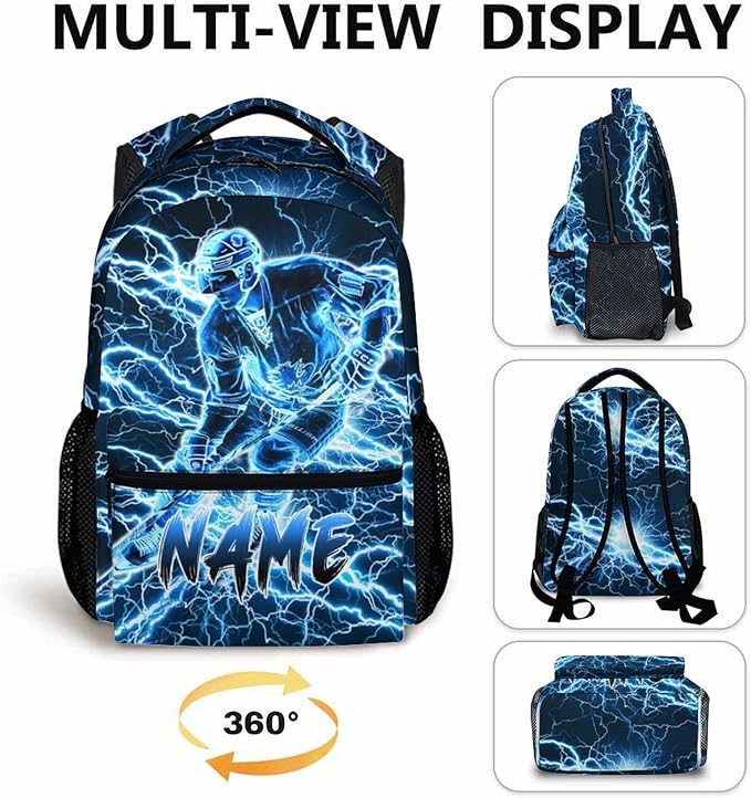 Personalized School Backpack for Kids Boys - 17 Inch Custom Ice Hockey Backpacks with Name for Kids Kindergarten Primary Senior Middle - Cool Durable Lightning Bookbag