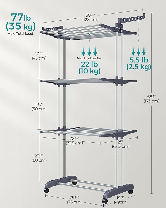 SONGMICS Clothes Drying Rack Stand 4-Tier, Foldable Laundry Drying Rack 68.1-Inch Tall, Steel, Rolling Clothes Horses Dryer Rack, Easy to Assemble, Indoor Outdoor Use, Dove Gray ULLR701G01