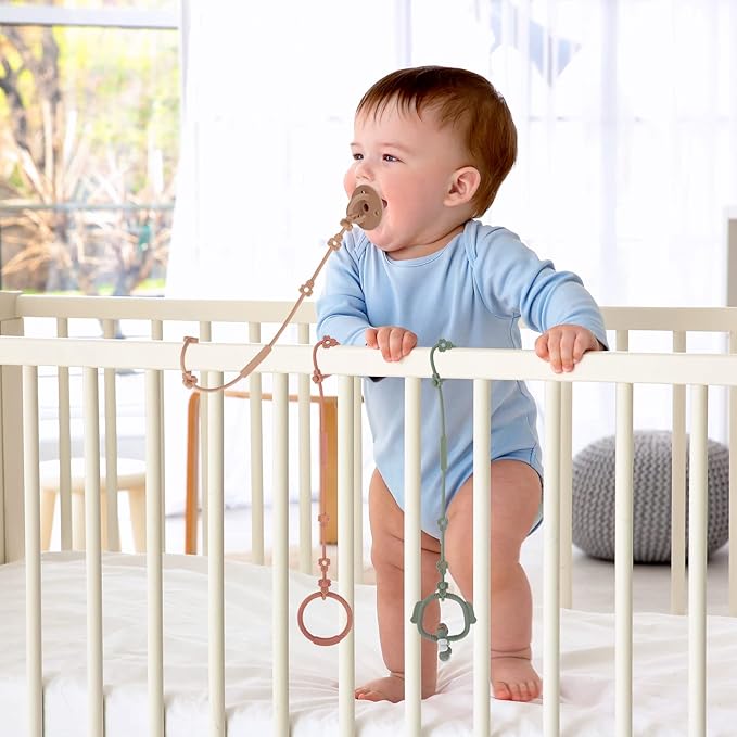 Toy Safety Straps, Silicone Pacifier Clips, Adjustable Stretchable Sippy Cup Straps for Strollers, High Chair, Cribs, Hanging Baskets, Car Seat, Shopping Trolley, 2 Pack (Ether+Sage)