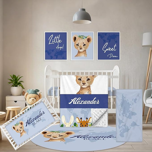 Personalized Baby Crib Bedding Set, 5 Pcs Custom Name Nursery Bedding Set, Deep Blue Leopard Baby Bedding Set for Boys, Double Layer Baby Crib Sets, Customized Gifts for Toddlers Kids Infants