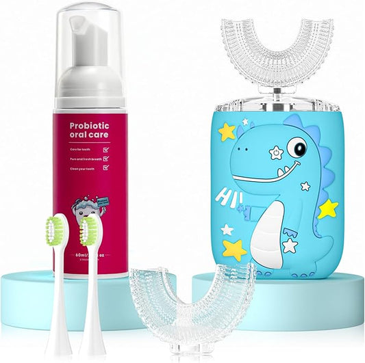 Kids Electric U Shaped Toothbrush,Kids Sonic Full Mouth Toothbrush with 4 Soft Brush Head Automatic Rechargeable 6 Cleaning Modes IPX7 Waterproof 360 Degree Cleaning - Age2-7 Blue