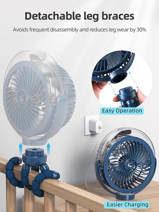 Misting Stroller Fan, 6000mAh Battery Operated Portable Fan with Light & 360° Pivoting, Personal Cooling Fans with Flexible Tripod for Baby, Office, Travel,Treadmill,Outdoors (Dark Blue)