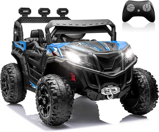 ANPABO 24V 4X4 Ride on Car Truck w/Remote Control, 4WD/2WD Switchable Kids UTV, 19" Spacious Seat, 4 Shock Absorbers, Soft Start, Music Player, Electric Car for Kids (Blue)