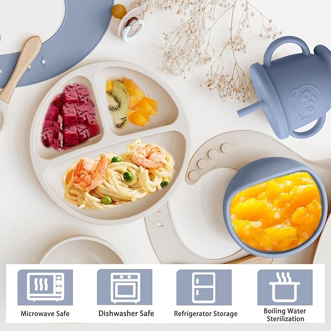 Silicone Baby Feeding Set | Baby Led Weaning Supplies Includes Suction Bowls and Divided Plates, Adjustable Bib, Baby Utensils Spoons and Forks,Cup | Baby Feeding Essentials (Blue Gray)